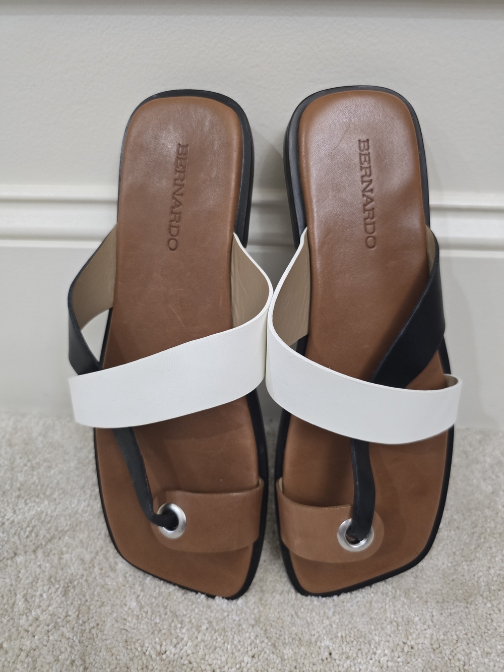 Bernardo Two-Tone White, Black & Brown Leather Slide Sandals